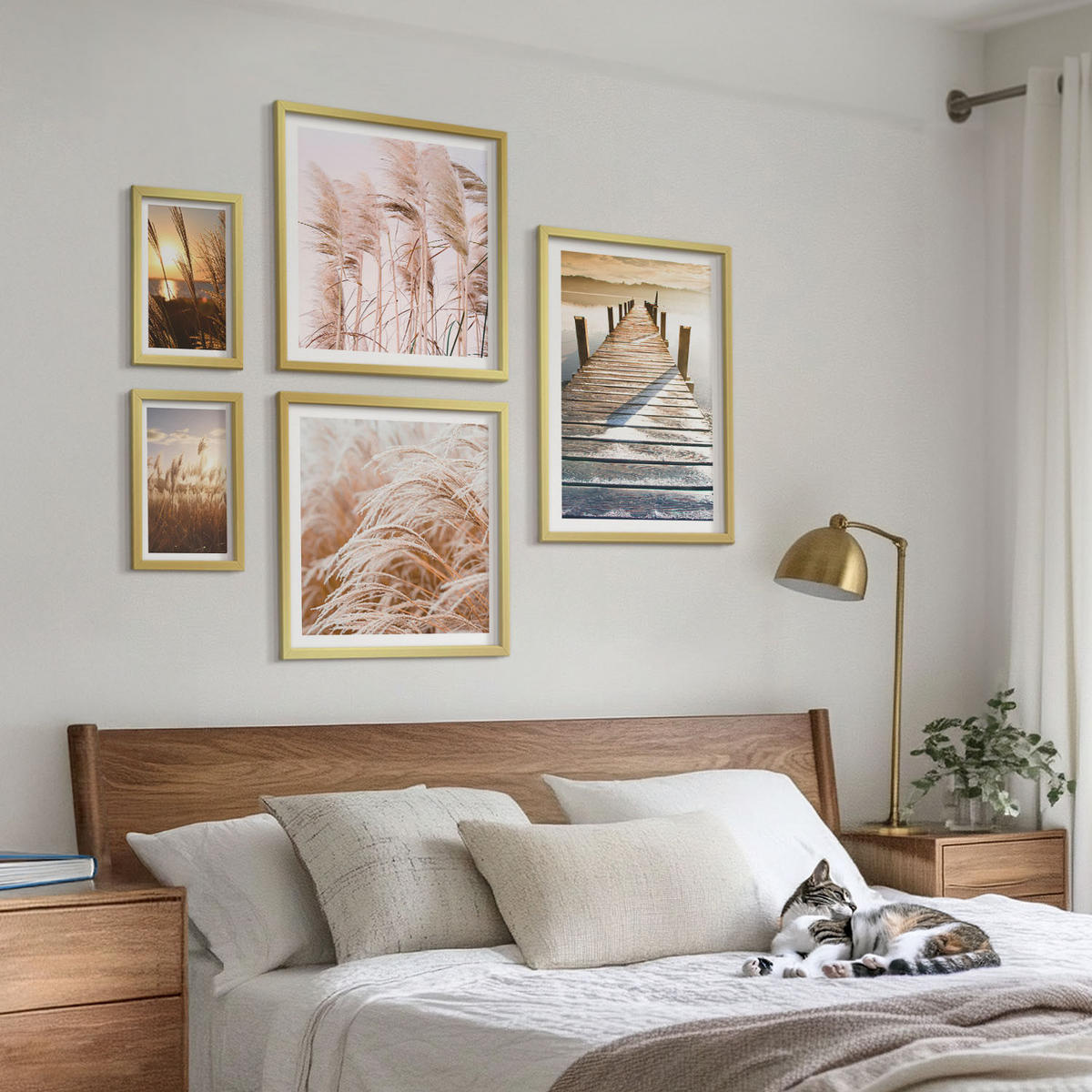 BILDER SET 5er Set - 50x50 cm & 20x30 cm & 40x60 cm Goldrahmen - Boho-Grasfeld-Sonnenuntergang - Goldfarben, Kunststoff (40/60cm) - TULUP