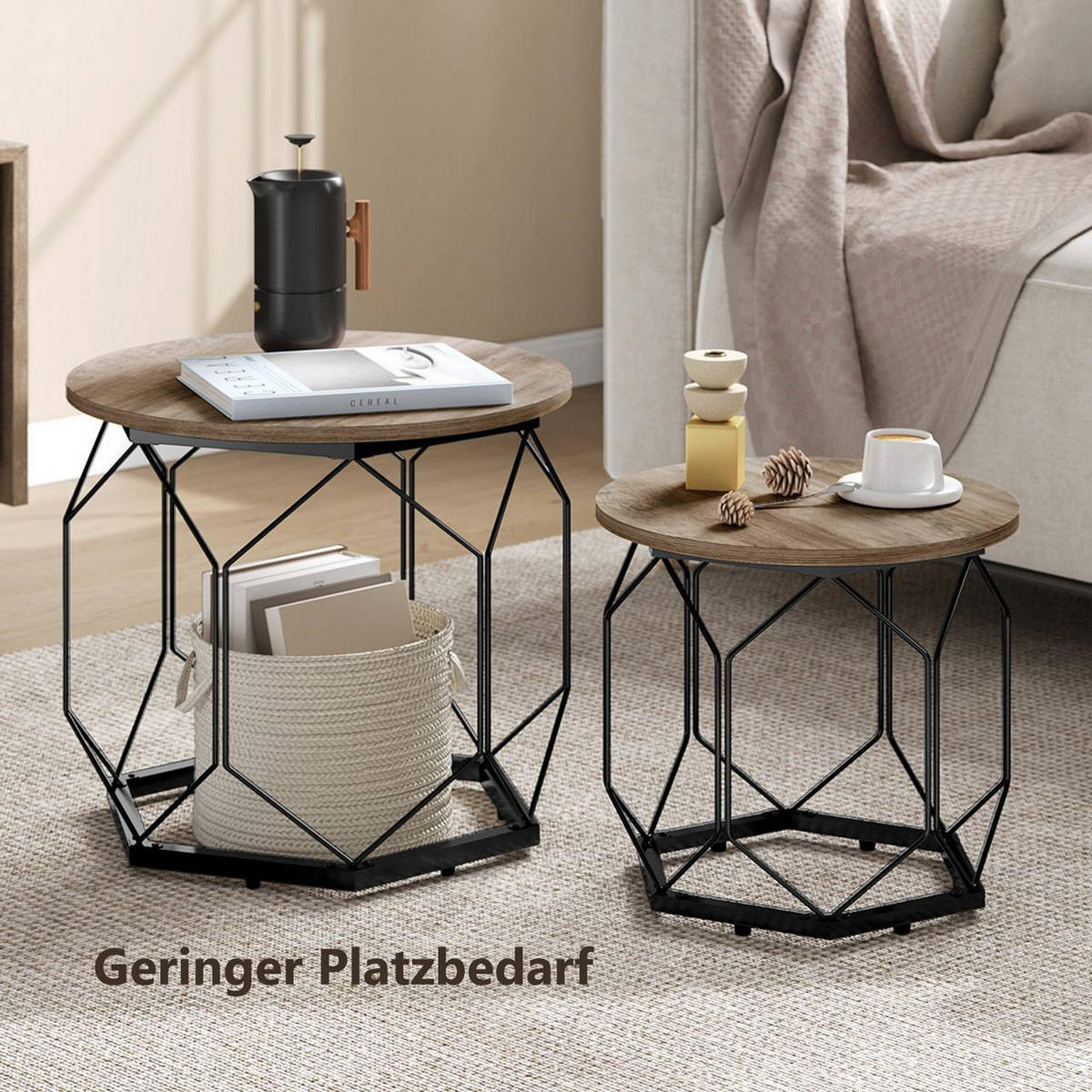 COUCHTISCH 2er Set, rund, Graue Holzoptik - Schwarz/Sonoma Eiche, Holzwerkstoff/Metall (50/50/45cm) - Woltu