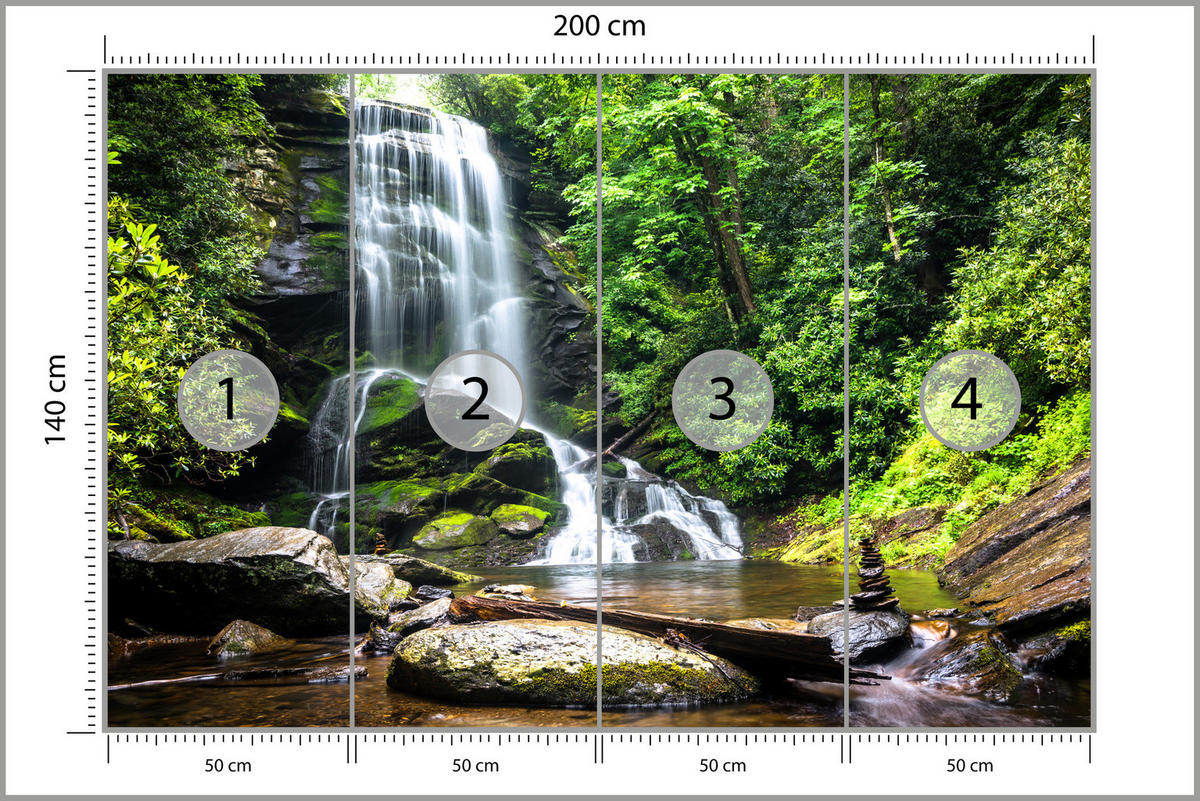 FOTOTAPETE Wasserfall im Dschungel Bäume Felsen 3D 200x140 - Braun/Weiß, Papier (200/140cm) - Muralo