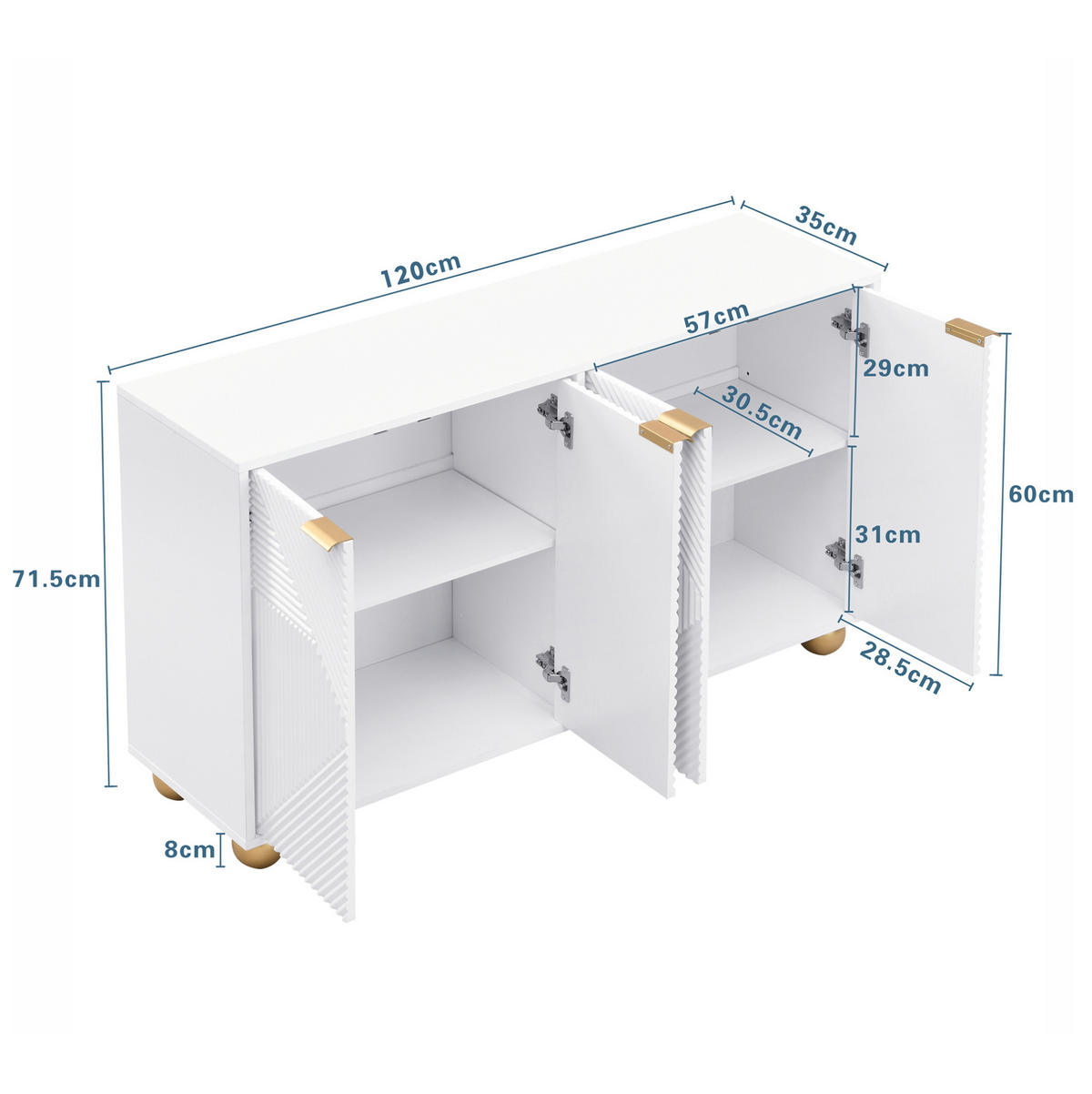 KOMMODE aus MDF 120x35x71,5cm in Weiß mit 4 Türen - Weiß, Holzwerkstoff (120/71.5/35cm) - Modfu