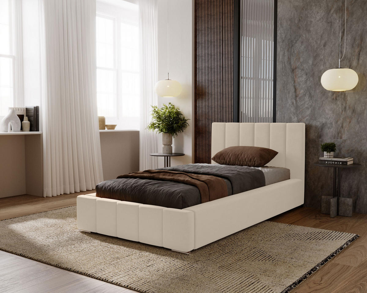 POLSTERBETT Nero 90x200 cm, Einzelbett mit Bettkasten, Lattenrost und Matratze aus Holz, Velourstoff: Beige - Beige, Holz/Kunststoff (90/200cm) - Marpur