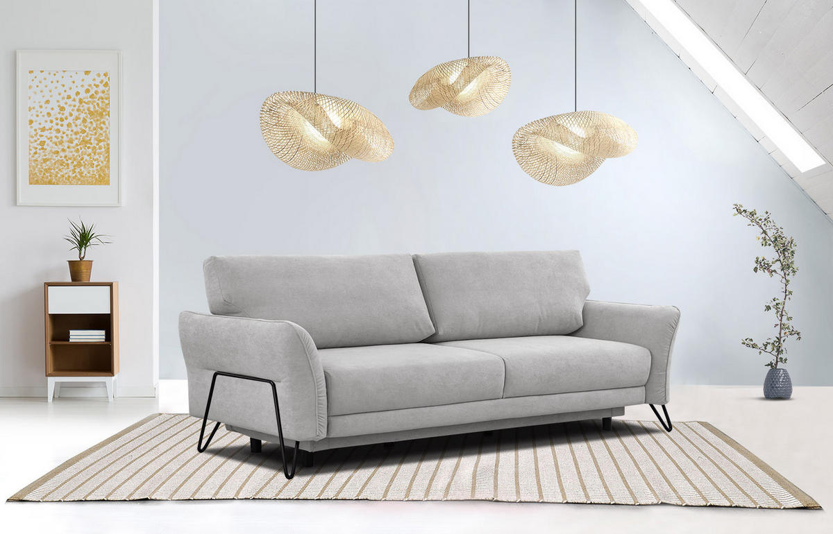 SOFA LOREM 3-Sitzer mit Schlaffunktion, hellgrau - Hellgrau/Schwarz, Holz/Textil (232/90/107cm) - Courtois Laville