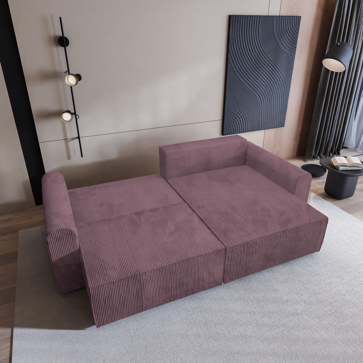 ECKSOFA FIANO P Lila Kordstoff mit Schlaffunktion - Lila, Holz (245/148cm) - MASSENO