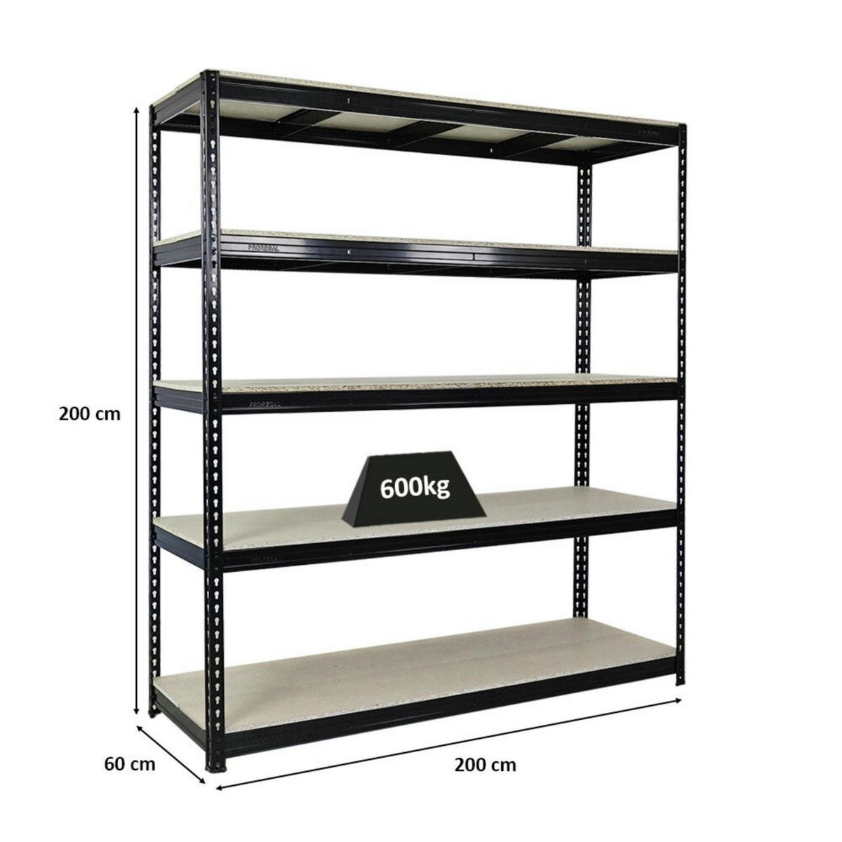 SCHWERLASTREGAL Bison 200x200x60 cm 5 Spanplatten-Ebenen 16mm Fachlast 600 kg Schwarz - Schwarz, Metall (200/200/60cm) - PROREGAL