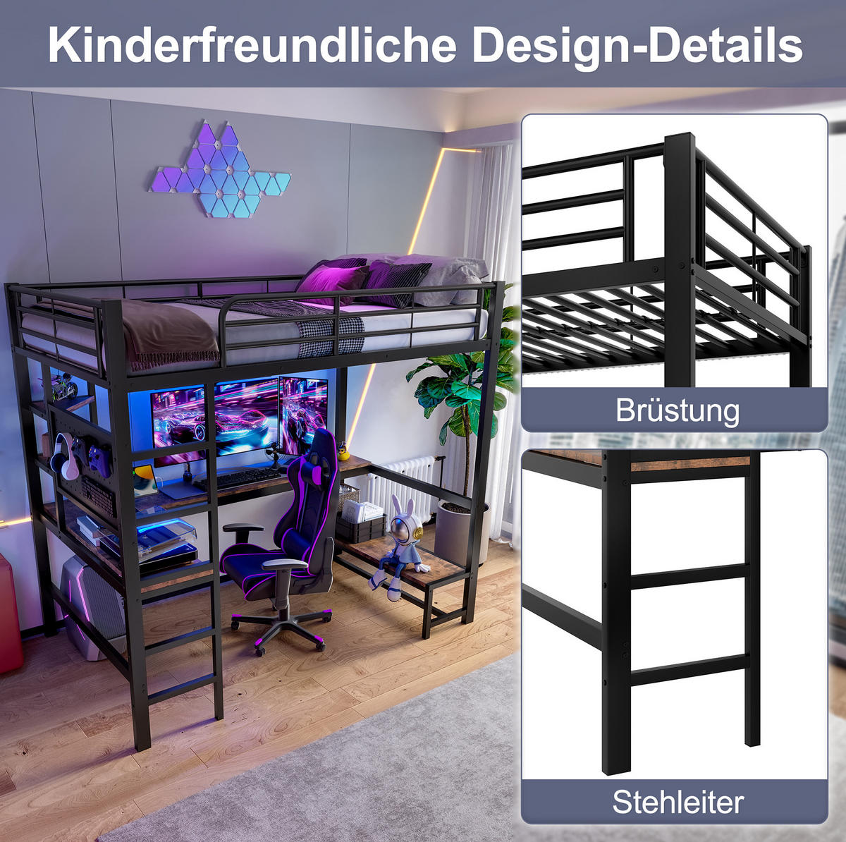 HOCHBETT 90/200 cm schwarz aus Metall mit LED und Schreibtisch - Schwarz, Metall (90/200cm) - OKWISH