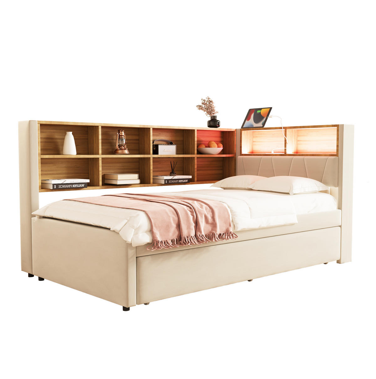 ČALÚNENÉ rozkladacie lôžko z flanelu 90x200 cm béžové s LED osvetlením, USB a úložným priestorom - béžová, textil (90/200cm) - Modfu