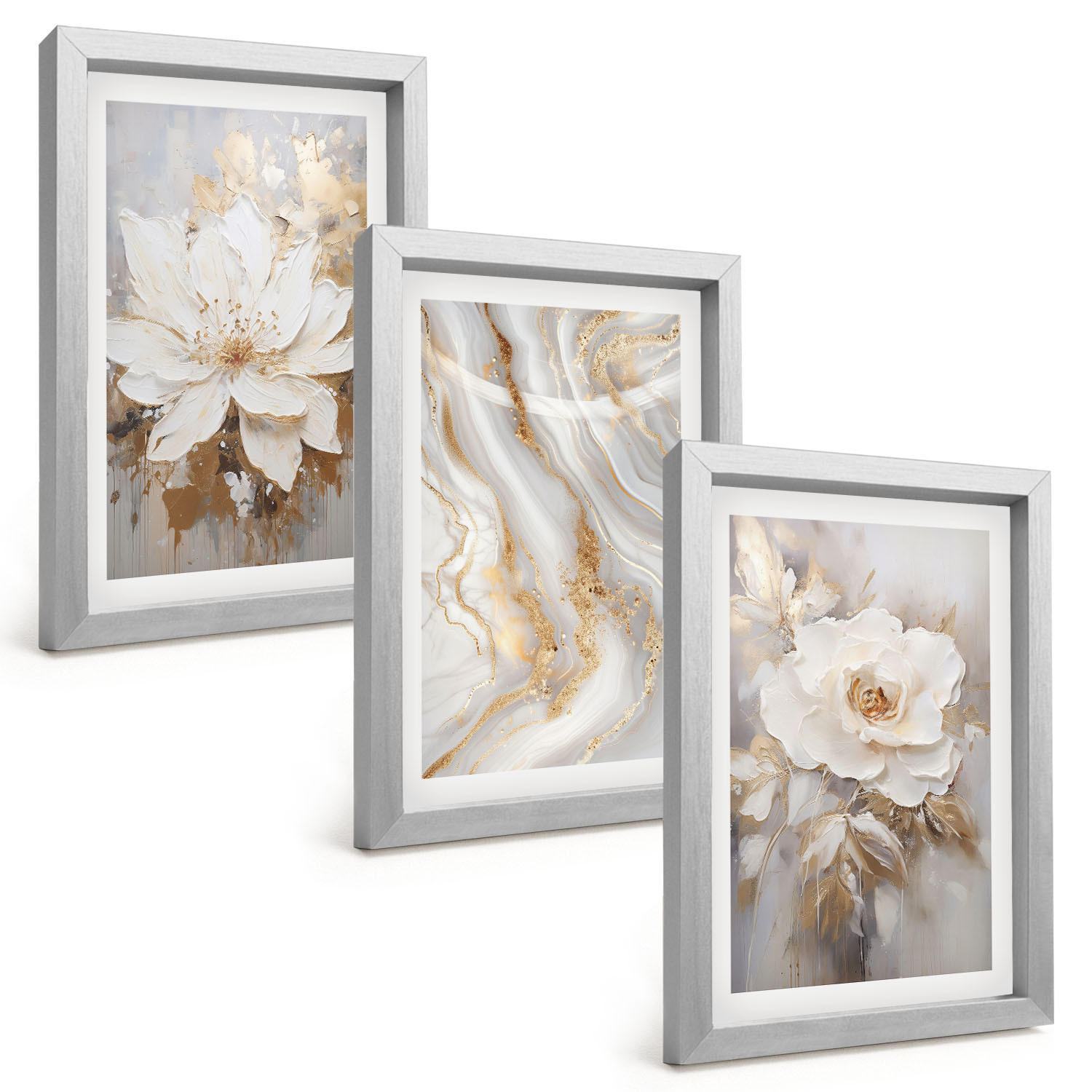 BILDER SET 3er Set - 20x30 cm Silberner Rahmen - Abstrakte Blumen aus Marmor - Silberfarben, Kunststoff (20/30cm) - TULUP
