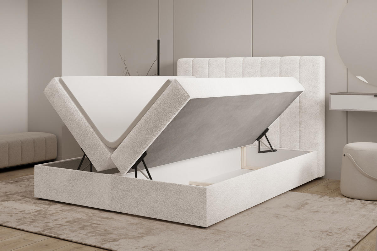 BOXBETT 01 140 x 200 cm - Arena – Stilvoll und bequem Mit Bettkasten, PU-Topper, Federmechanismus, waschbarer Bezug - Weiß, Holz (140/200cm) - ROYAL24_MARKT