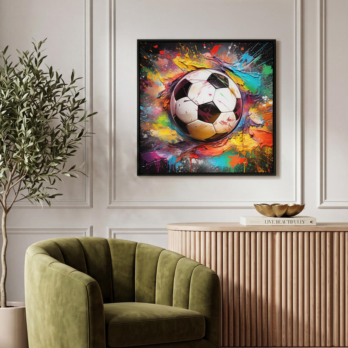 LEINWAND Bilder mit Rahmen - Fußball - Farbe - Farben - Schwarz - Weiß - 50x50 - Weiß, Textil (50/50cm) - MuchoWow