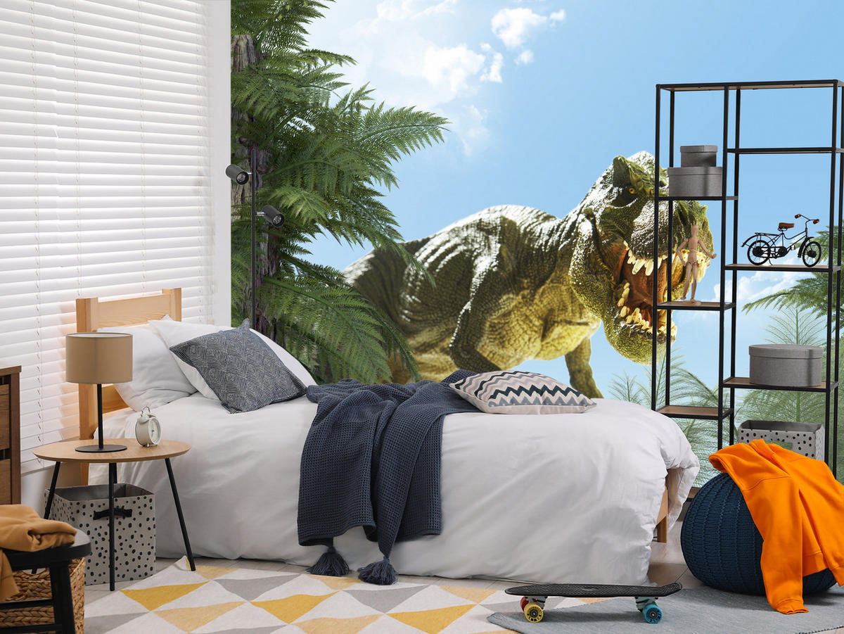 FOTOTAPETE für Jugendzimmer Riesen Dinosaurier Tropenwald Pflanzen 450x315 - Blau/Braun, Papier (450/315cm) - Muralo