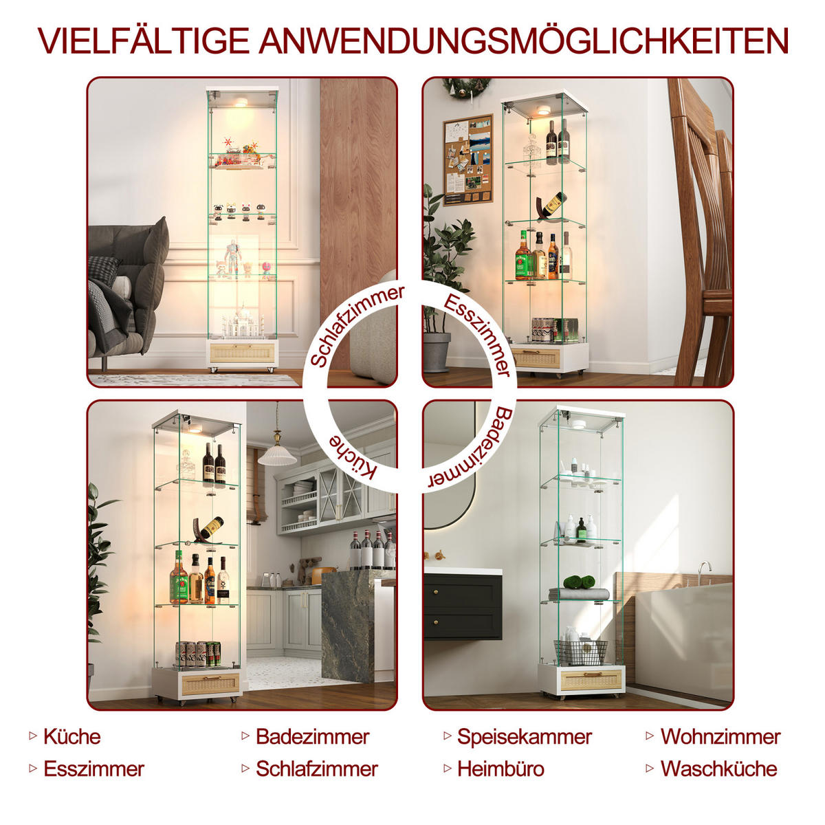 VITRINENSCHRANK 167/43/37 cm mit LED und Schubladen aus gehärtetem Glas Weiß - Weiß, Glas (42/167/36cm) - PARAFTA HOME