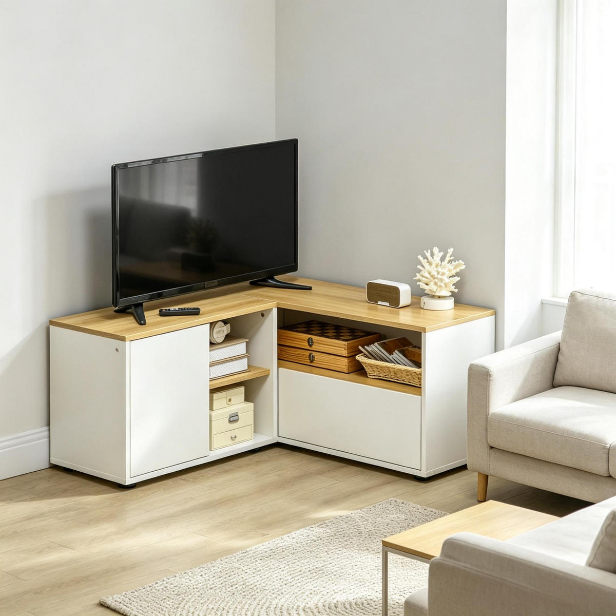 TV-SCHRANK DE-40512 L-förmig mit 2 Türen und 3 offenen Fächern Hellholz/Weiß - Weiß, Holzwerkstoff (90/45/90cm) - ComfortXL