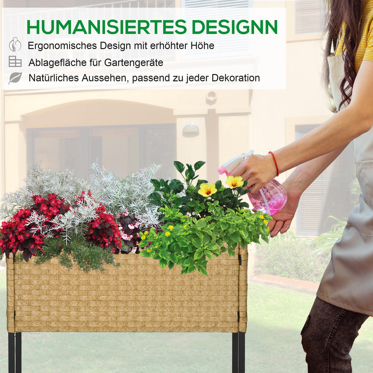 POLY Rattan, Hochbeet, Blumenkasten - Sandfarben, Metall (30/70/70cm) - Outsunny