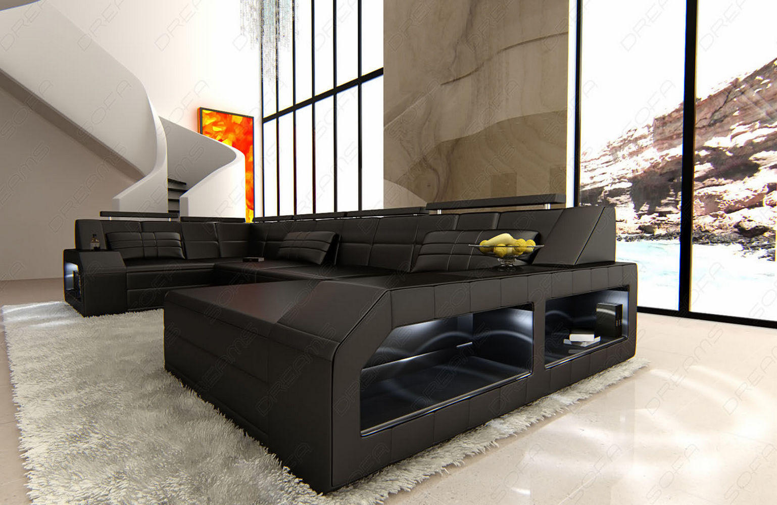 WOHNLANDSCHAFT Arezzo U - Schwarz, Leder (380/86/197cm) - Sofa Dreams