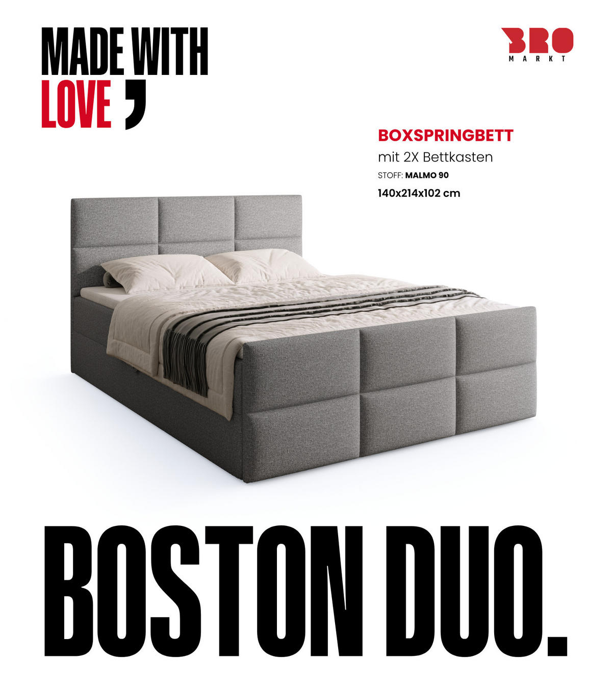 BOXSPRINGBETT Boston Duo Mit Bettkasten, Topper und Matratze Grau Malmo 90 140x200 cm - Schwarz/Grau, Textil (140/200cm) - Bromarkt
