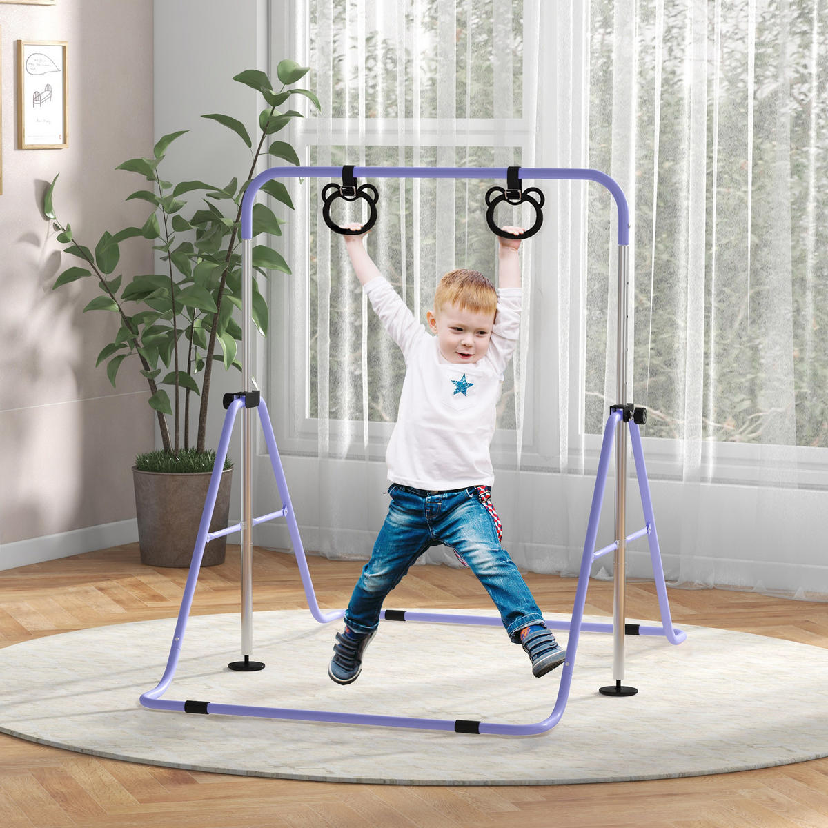 KINDER-TURNBARREN DE-10928 mit Ringen höhenverstellbar klappbar Pink - Violett, Metall (105/148cm) - ComfortXL