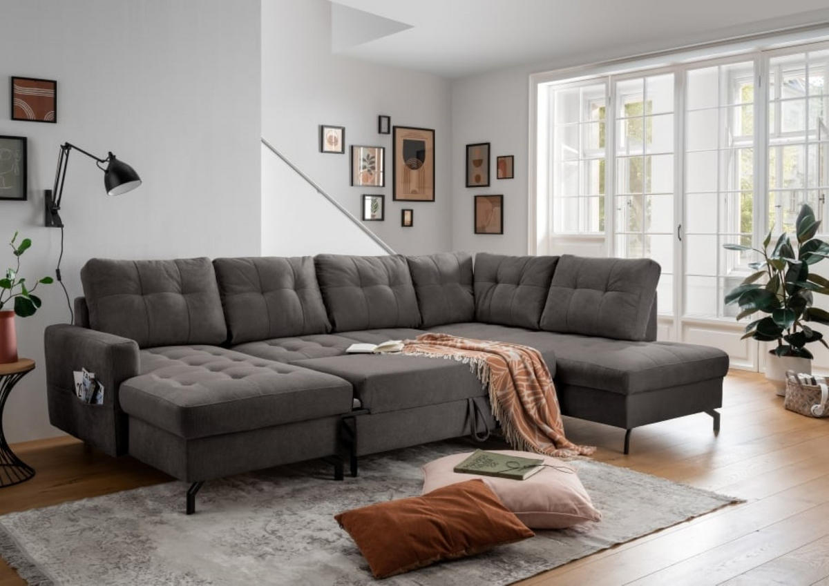 WOHNLANDSCHAFT mit Schlaffunktion und Bettkasten - Anthrazit/Schwarz, Textil/Metall (200/92/305cm) - myHomelando