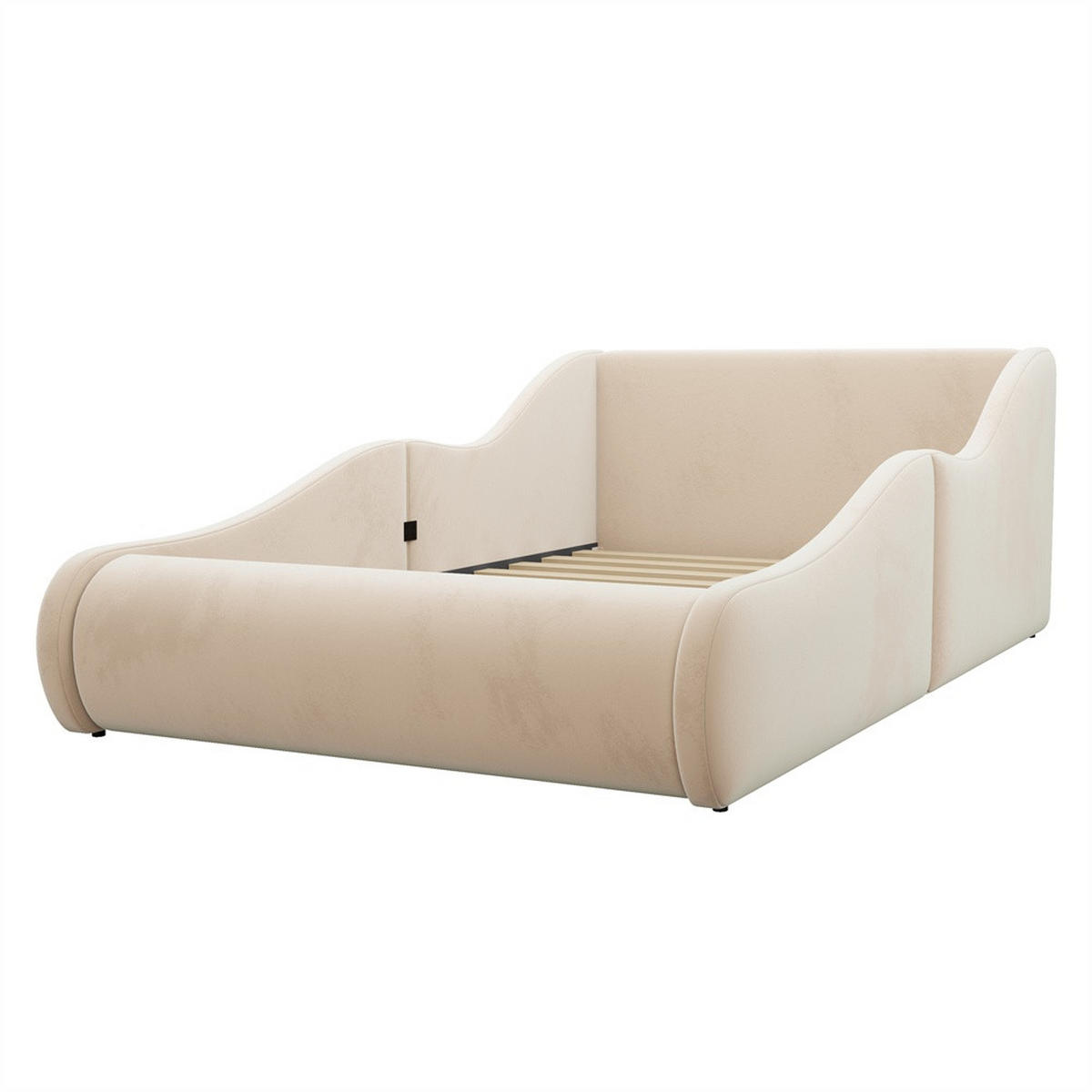 POLSTERBETT 90x200 cm mit hohem Kopfteil und Seitenschutzgittern - Samtstoff - ohne Matratze - Beige - Beige, Textil (90/200cm) - DELFA