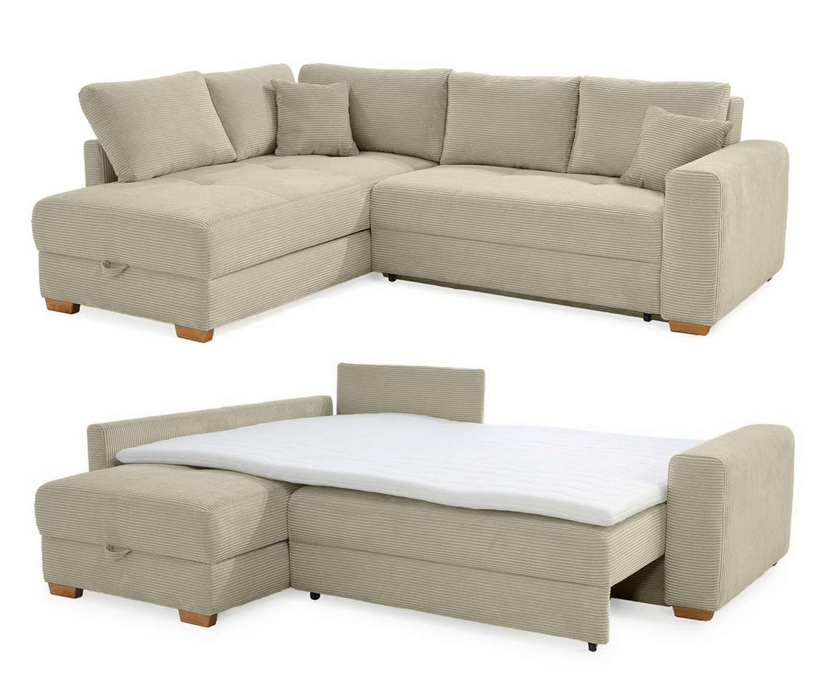 ECKSOFA-DAUERSCHLÄFER Boxspring Federkern Topper Bettkasten, seitenverkehrt montierbar B257/T206/H85 cm, Cord Beige Grau / 15212 - Greige/Eichefarben, Holz/Textil (257/206cm) - luma-home