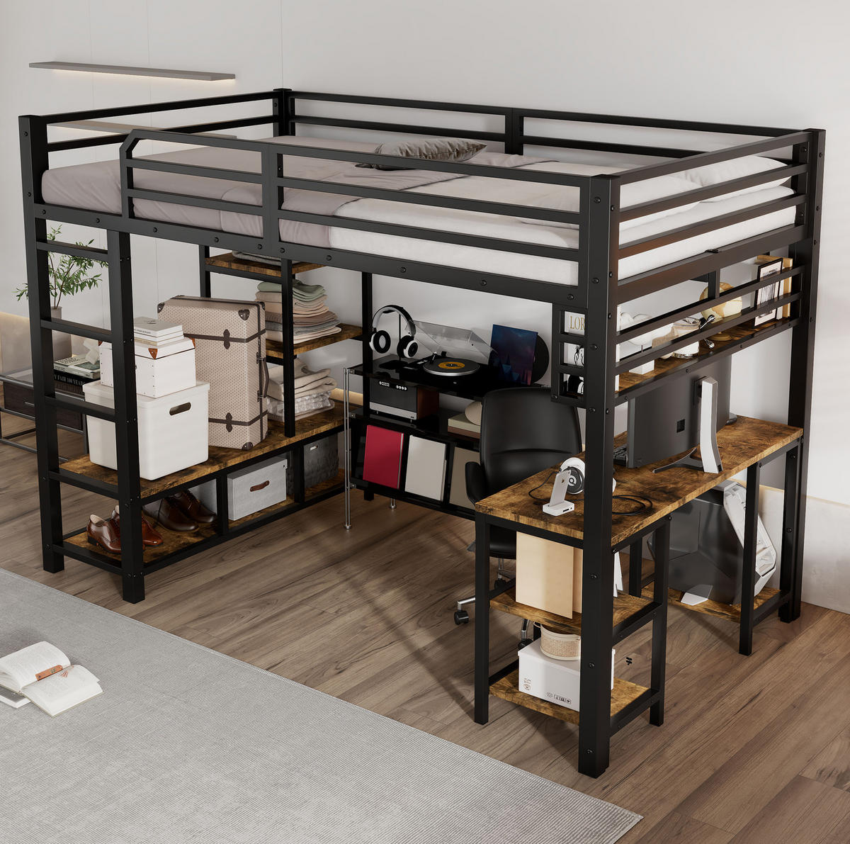 HOCHBETT mit Schreibtisch 120/200 cm in Schwarz/Dunkelwalnuss – mit Ablage und Leiter - Schwarz, Metall (120/200cm) - BEAOK
