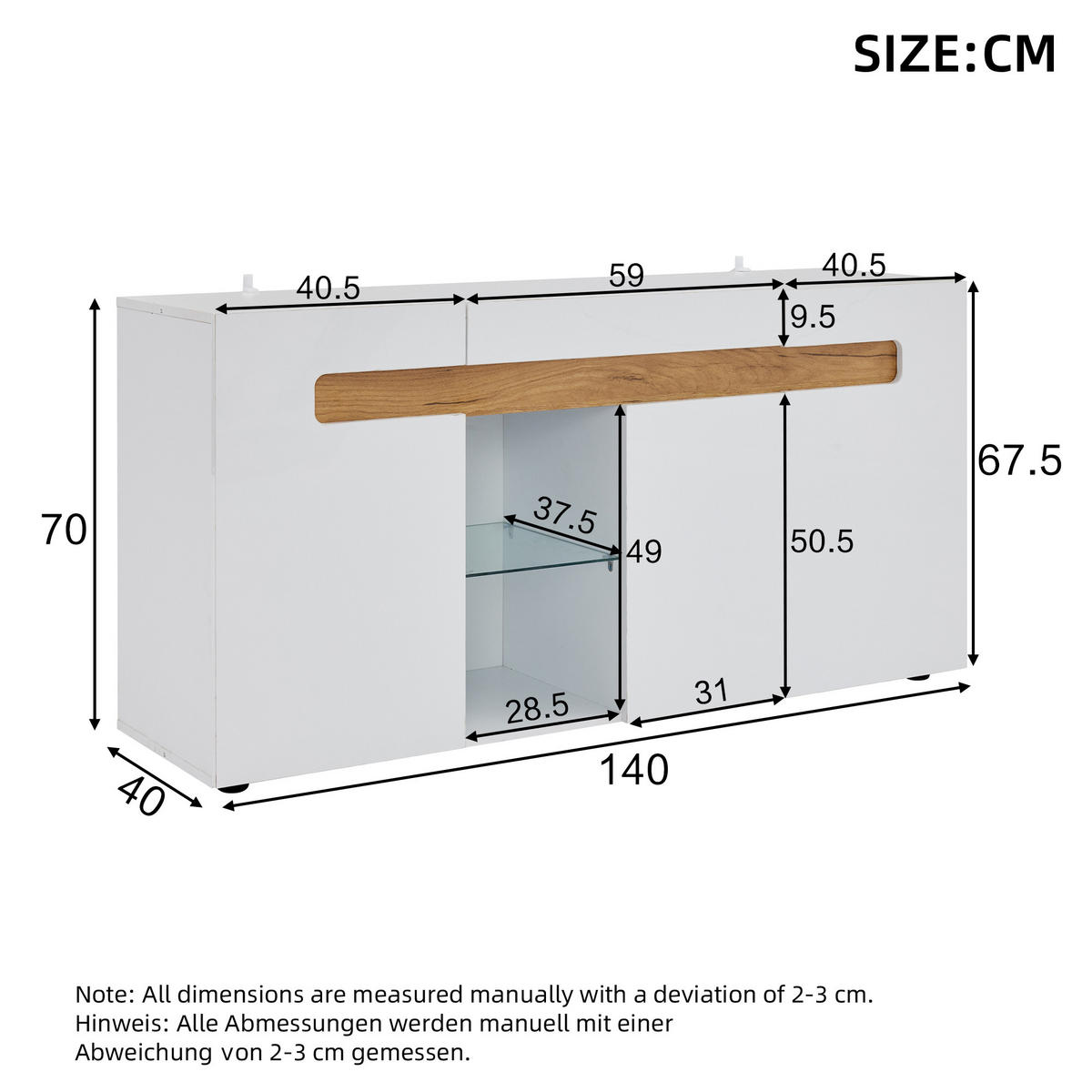 SIDEBOARD LED Weiß 3 Türen App Glas 140x40x70cm Hochglanz - Multicolor, Holzwerkstoff (40/70/140cm) - FLIEKS