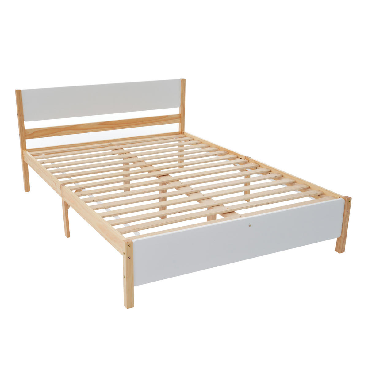 DOPPELBETT aus Kiefer und MDF 140x200 cm Weiß/Natur mit Lattenrost und stabilen Mittelfüßen - Naturfarben, Holz (140/200cm) - Modfu