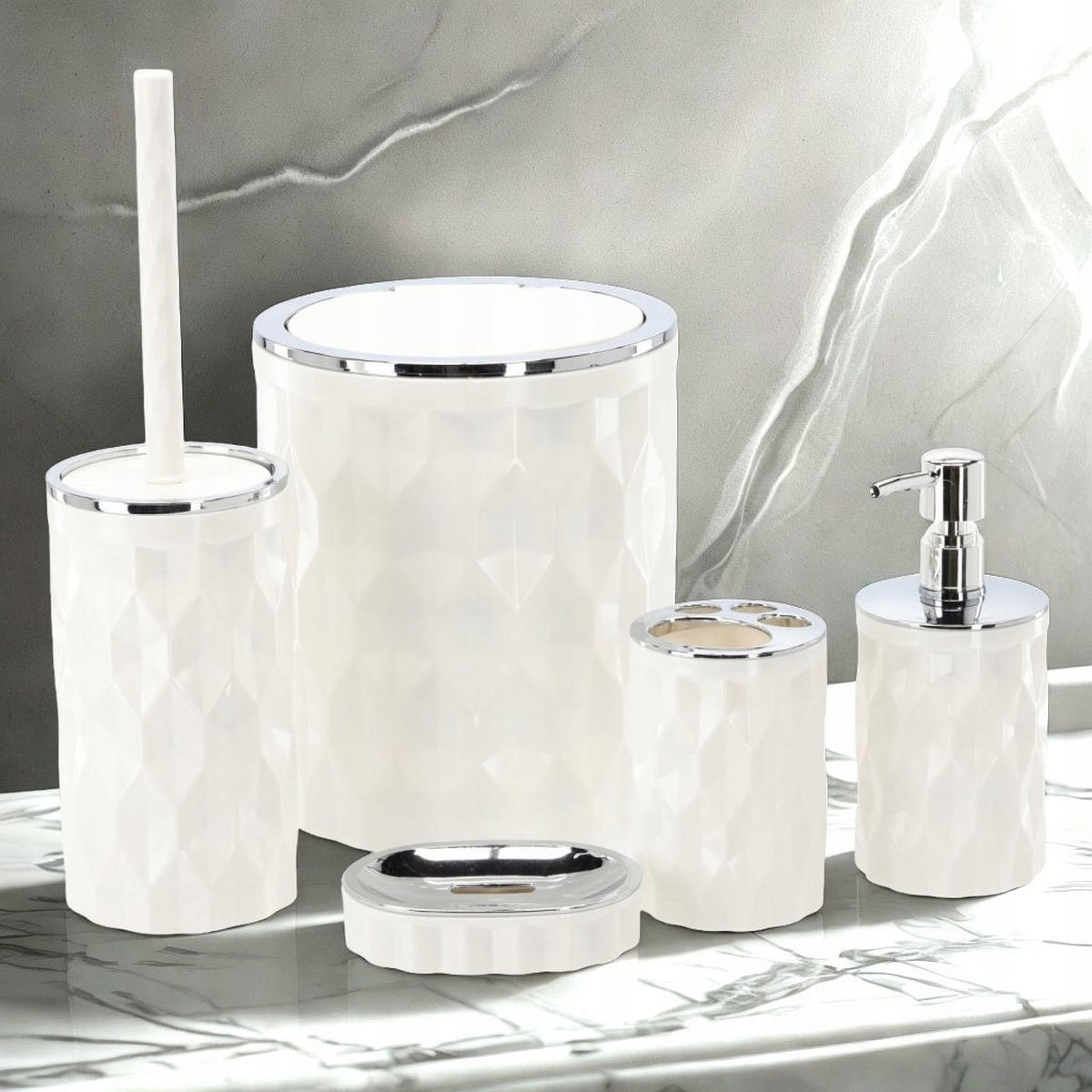 BADEZIMMER-SET, 5-teilig – weiß - Silberfarben/Weiß, Kunststoff (19/36.5/9cm)