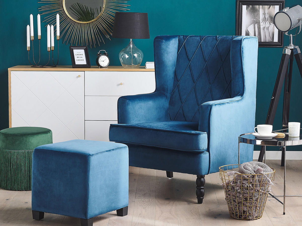 SESSEL Samtstoff blau plus Hocker Sandset - Blau, Textil (72/103/75cm) - Beliani