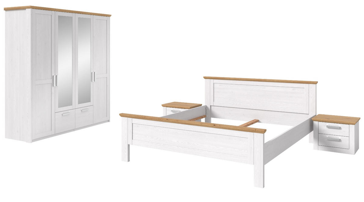 SCHLAFZIMMER weiß Lärche, Eiche Artisan Landhaus, Komplettset mit Bett, Kleiderschrank und 2x Nachttisch - Eichefarben/Silberfarben, Holzwerkstoff/Kunststoff (180/200cm) - Inn.Furn