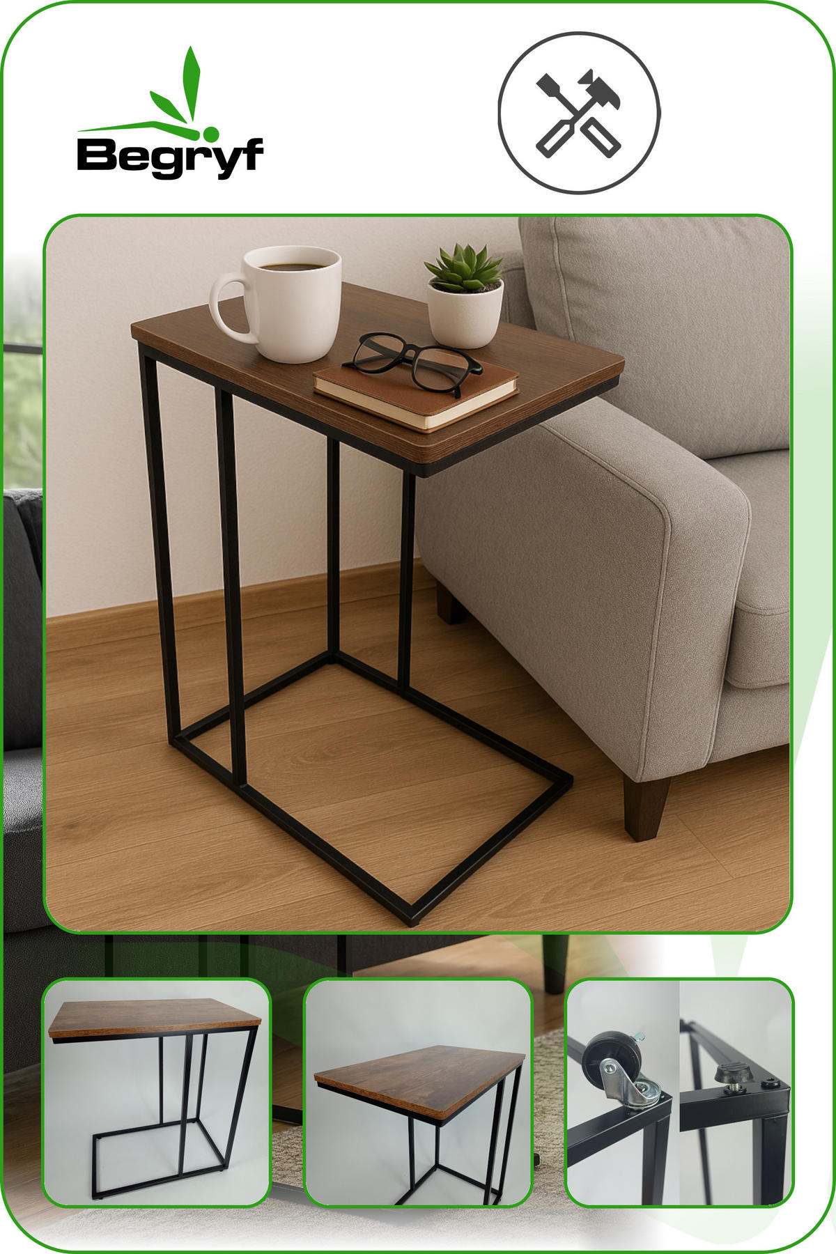 BEISTELLTISCH Metall Holzoptik Schwarz Dunkelbraun auf Rollen 55/35/62 cm - Dunkelbraun/Schwarz, Holzwerkstoff/Metall (55/35/62cm) - Begryf