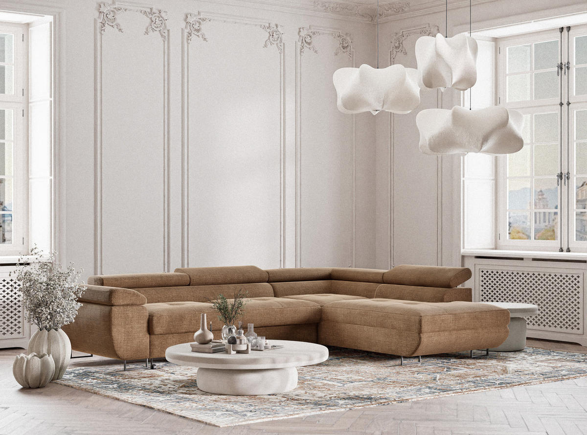 ECKSOFA Concord Hellbraun Chenille-Stoff - Rechts Seite - Hellbraun/Schwarz, Holz/Holzwerkstoff (277/203cm) - Maison de Reve