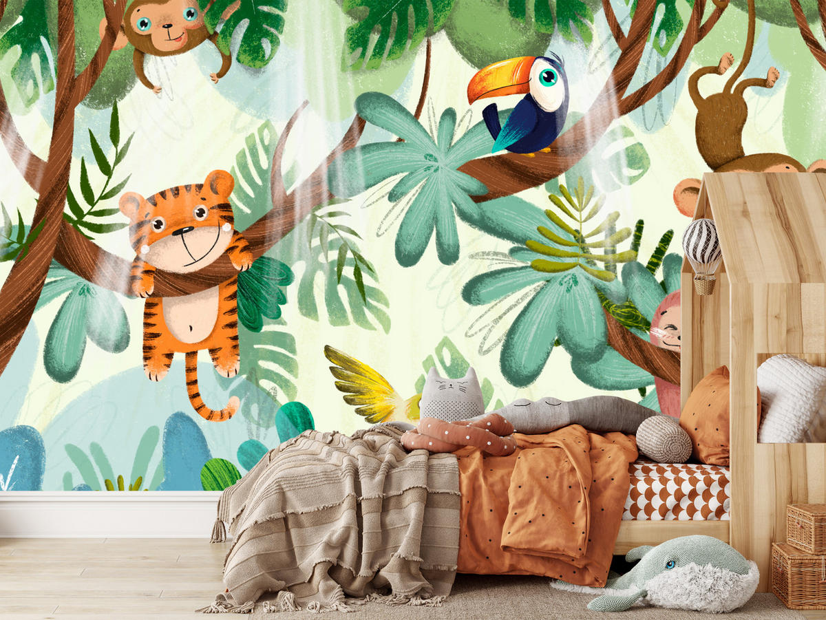 FOTOTAPETE für Kinderzimmer Süße Dschungeltiere Monstera Affen Tiger Vogel 200x140 - Gelb/Beige, Papier (200/140cm) - Muralo