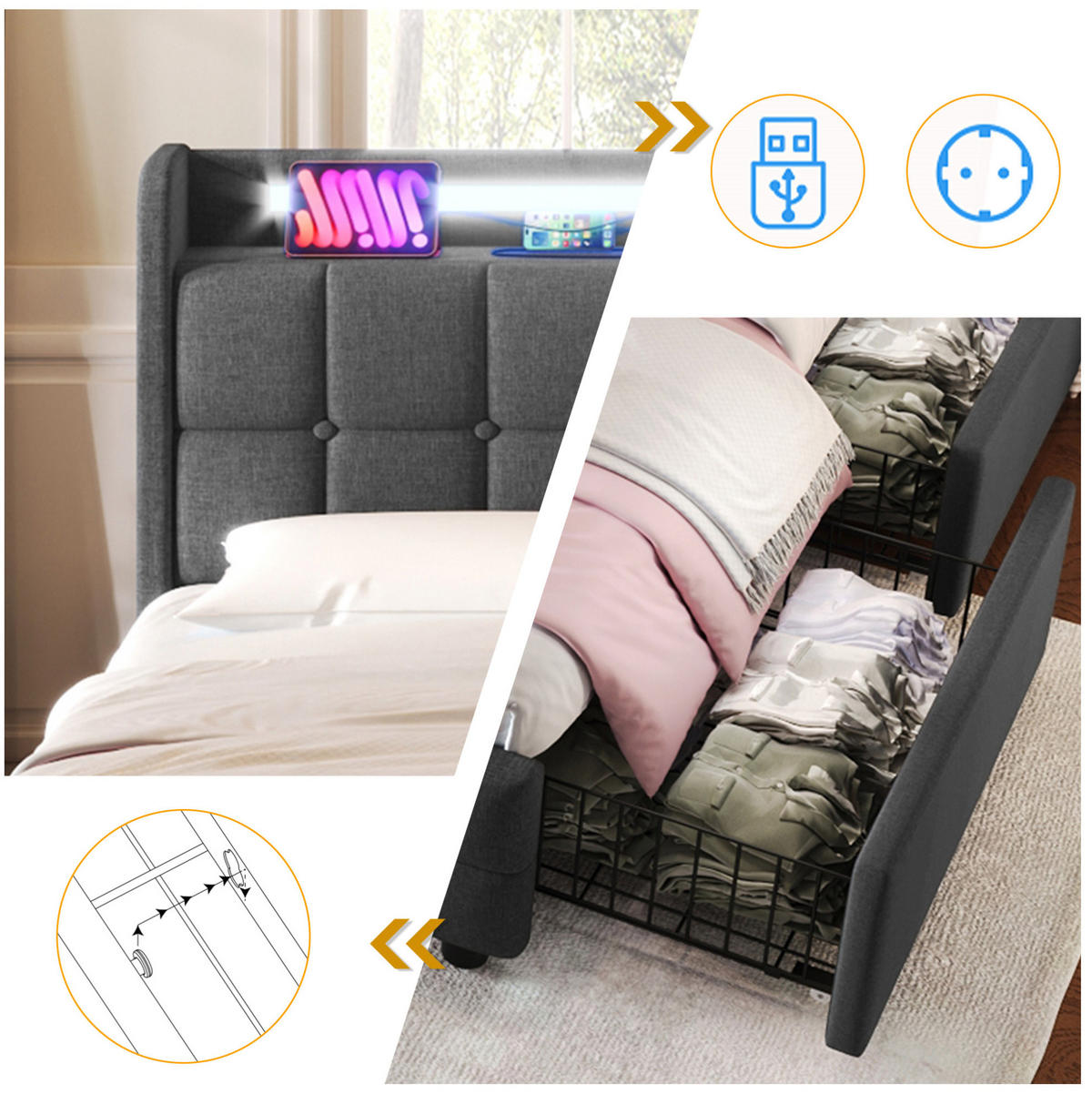 POLSTERBETT 140/200 cm Grau aus Holz mit LED-Beleuchtung und USB-Anschlüssen - Grau, Holz (140/200cm) - OKMYHOME