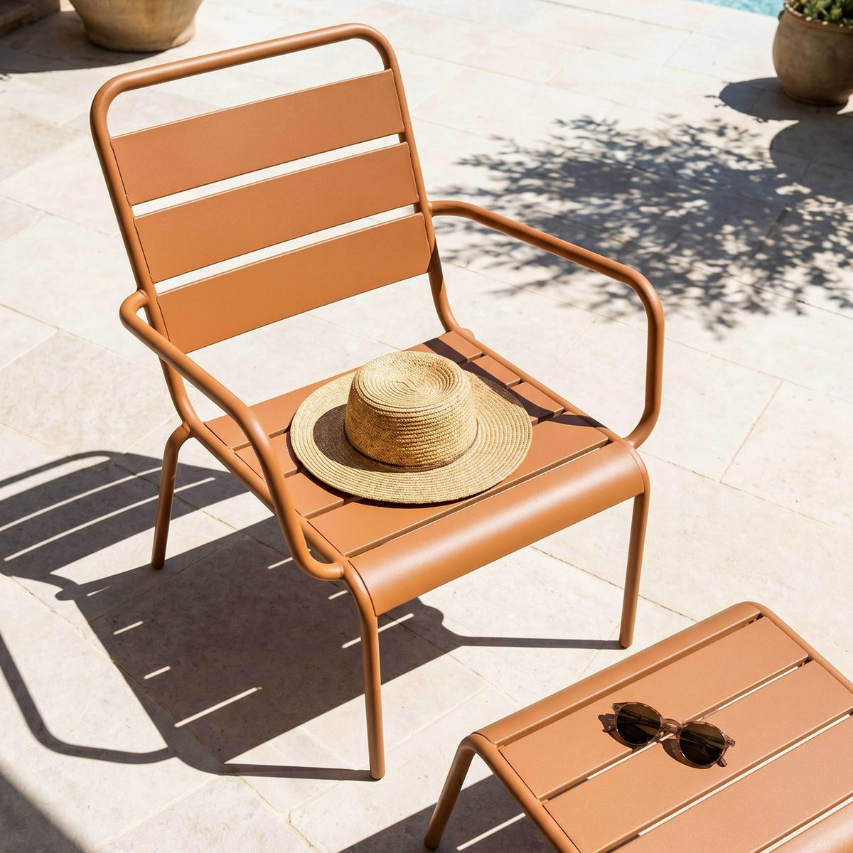 RELAXSESSEL MIT HOCKER 2-tlg., Karamell - Braun, Metall (64/72/60cm) - Oviala