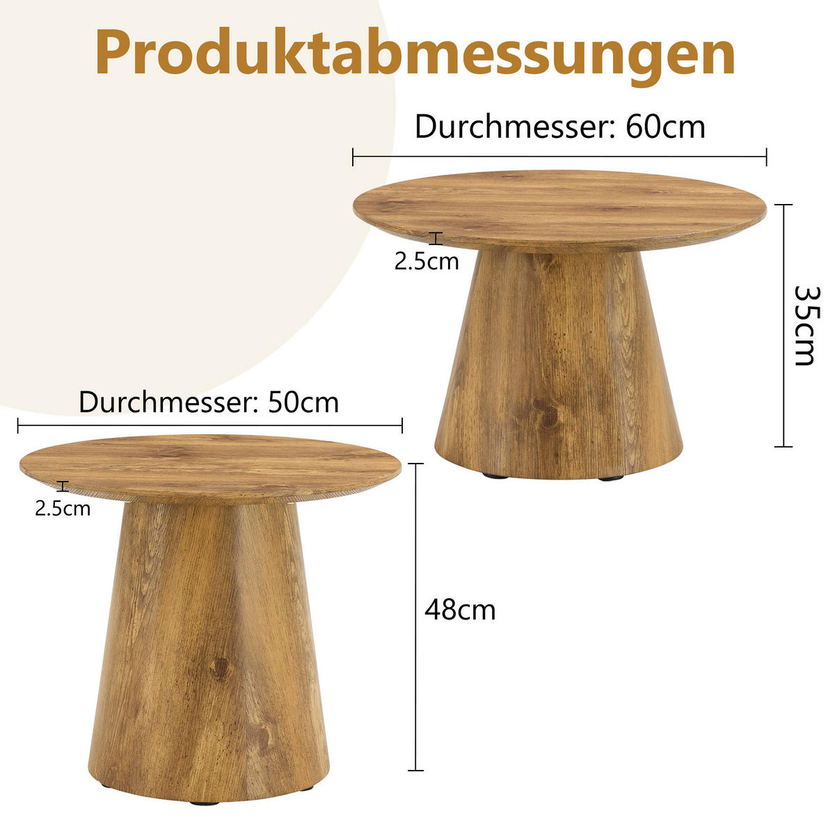 BEISTELLTISCH-SET rund aus MDF in Holzoptik, 50/48 cm & 60/35 cm - Naturfarben, Holzwerkstoff (50/50/48cm) - BEAOK