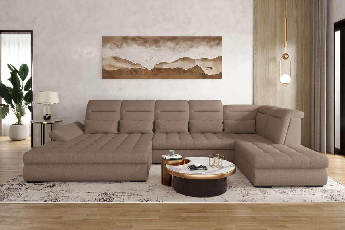 WOHNLANDSCHAFT Toscana Velours inkl. Schlaffunktion - Sandfarben, Textil (208/87/358cm) - 99rooms