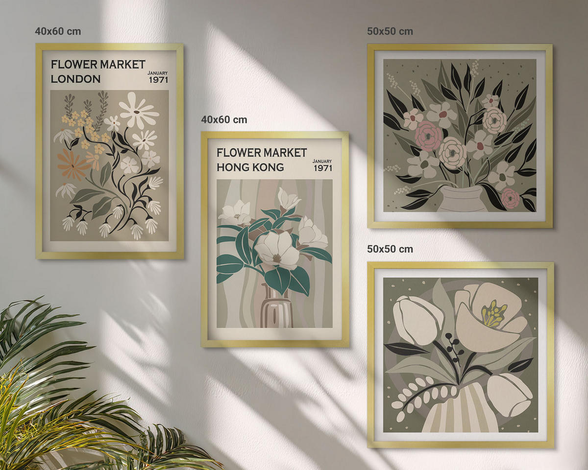 WANDBILDER 4er Set - 50x50 cm & 40x60 cm Goldrahmen - Blumenillustrationen London Hongkong - Goldfarben, Kunststoff (50/50cm) - ArtPrintCave