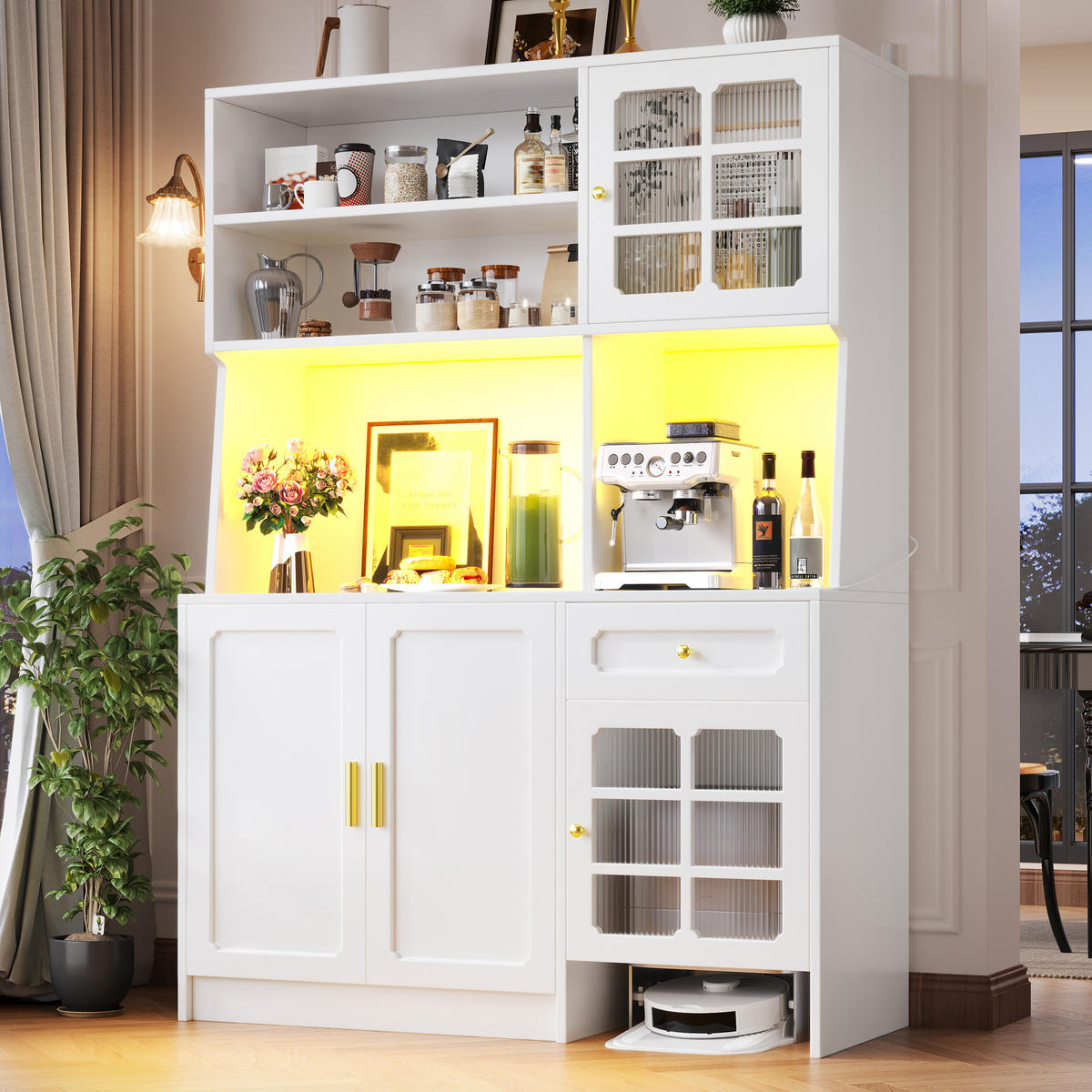BUFFETSCHRANK 130/45/180 cm aus MDF mit LED-Beleuchtung, Glastüren und Stauraum für Saugroboter, Weiß - Weiß, Holzwerkstoff (130/180/45cm) - Redom