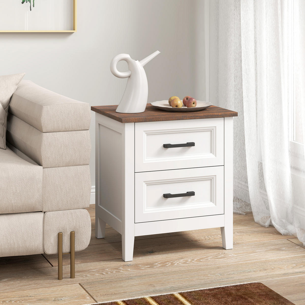 NACHTSCHRANK DE-12960 2 Schubladen, Landhausstil Weiß/Braun - Weiß, Holzwerkstoff (35/50/45cm) - ComfortXL