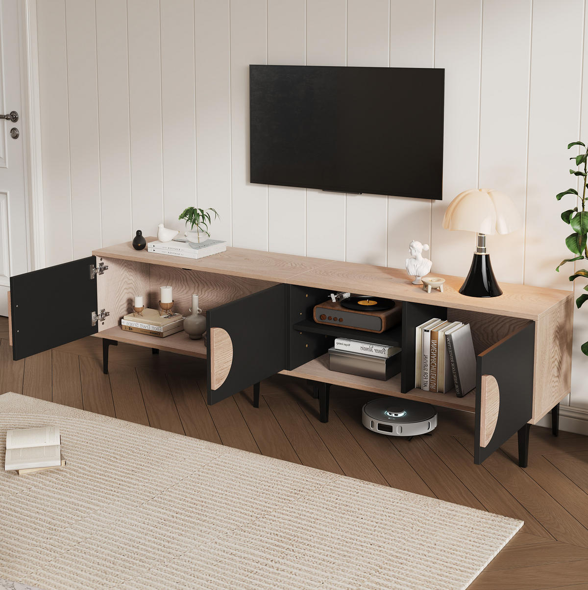 TV-ELEMENT mit 3 Türen und offenen Fächern 180 x 35 cm Holzoptik Schwarz - Schwarz, Holzwerkstoff (35/49/180cm) - Beauniv