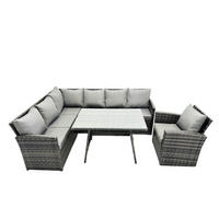 SITZGRUPPE mit Ecksofa Stuhl Polyrattan Dunkelgrau 7-Sitzer - Dunkelgrau/Grau, Glas/Kunststoff - Fimous
