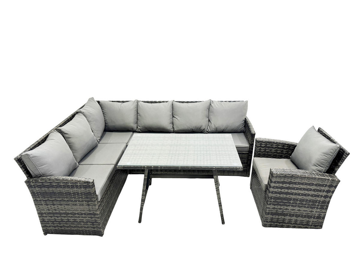 SITZGRUPPE mit Ecksofa Stuhl Polyrattan Dunkelgrau 7-Sitzer - Dunkelgrau/Grau, Glas/Kunststoff - Fimous