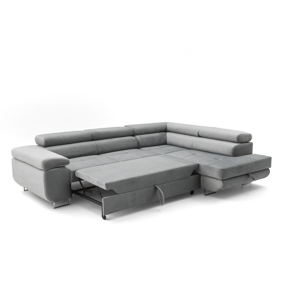 ECKSOFA WILD L Rechts mit Schlaffunktion 127x195 Velours Grau - Chromfarben/Grau, Holz/Textil (274/203cm) - Muffo