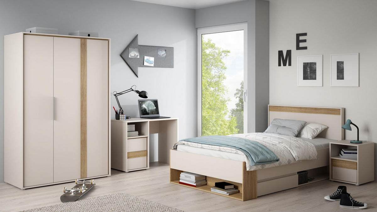 JUGENDZIMMER Wexlin in Mauvella Eiche und Sand 4 teilig mit Lamellenoptik - Beige/Braun, Holzwerkstoff (80/200/120cm)