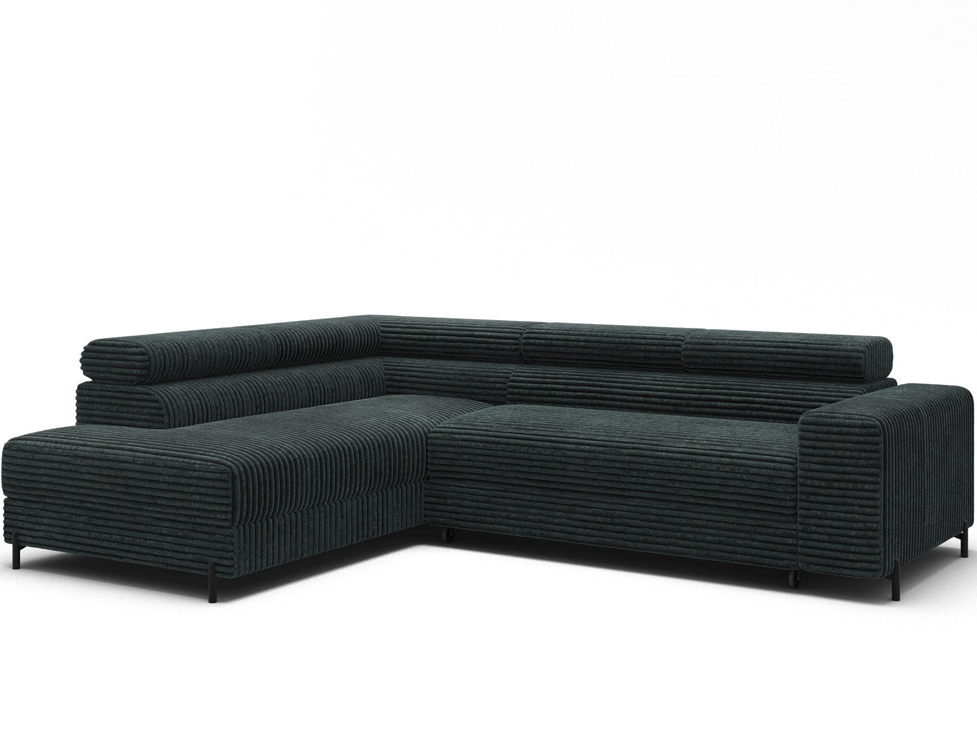 ECKSOFA COLESIO L-Form, Schlaffunktion, Bettkasten, verstellbare Kopfstützen, Wellenfederung, Metallfüße, breiter Cordstoff - Dunkelgrün/Schwarz, Kunststoff/Metall (269/204cm) - Wohnideebilder