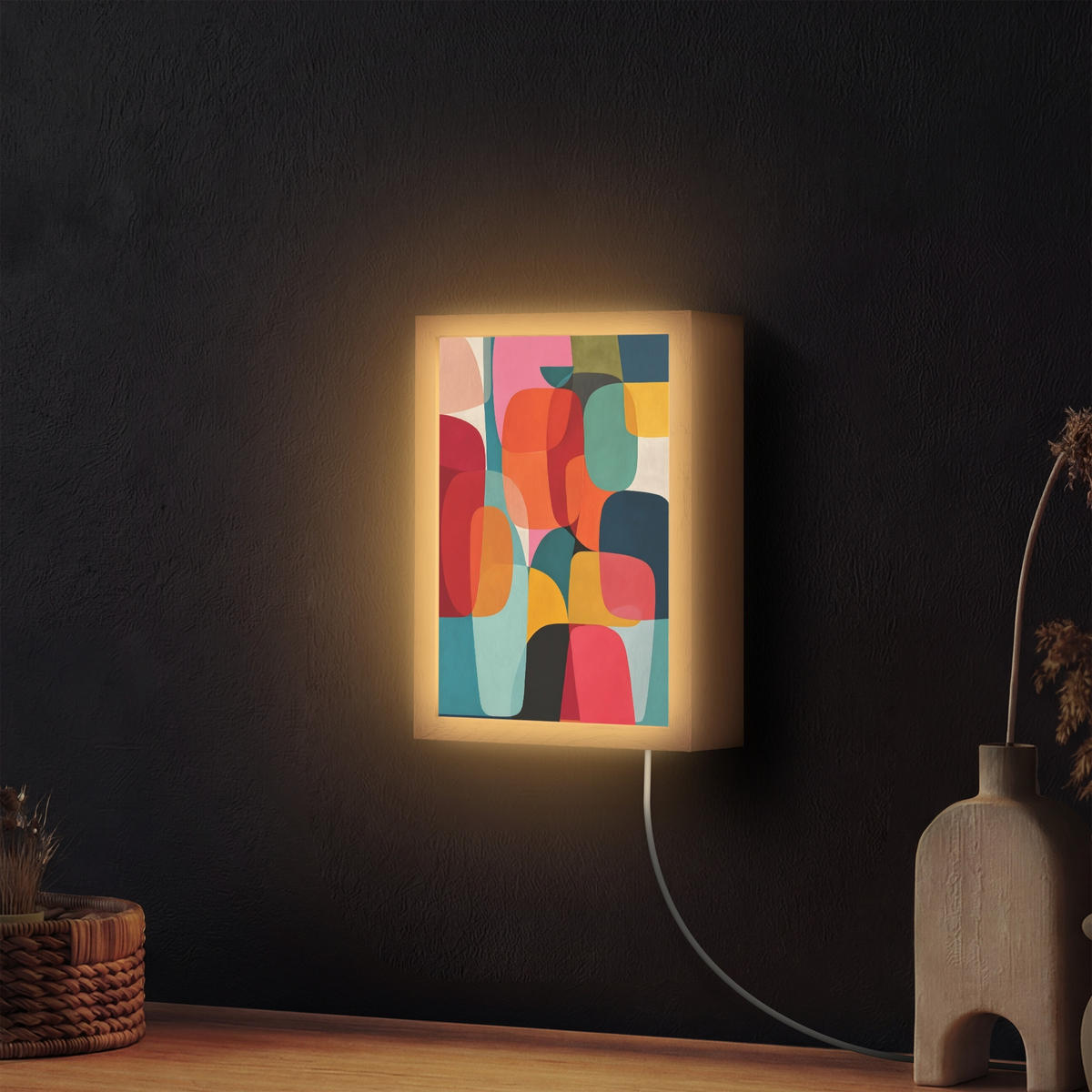 NÁSTĚNNÁ LAMPA Tvary - barevné - abstraktní - letadla 20x30 cm - různobarevná, kompozitní dřevo (20/30/8cm) - OnlyWow