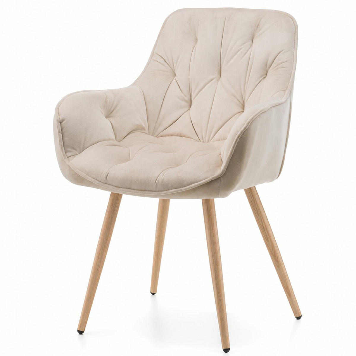 STUHL SIENA gepolstert mit Steppung - beige, Beine in Holzoptik - Samt Velours - Ecru/Eichefarben, Textil/Metall (58/87/61cm) - NEW HOME