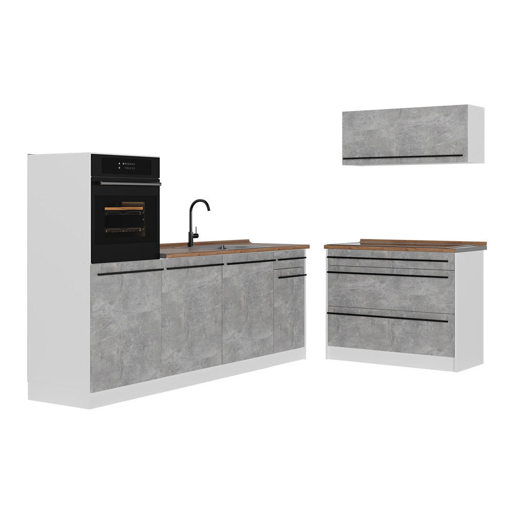 KUCHYŇSKÝ KOUT R-Line, Beton/Bílá, 220 cm pracovná doska Dub Goldkraft - šedá/bílá, kompozitní dřevo (220/143/60cm) - Vicco