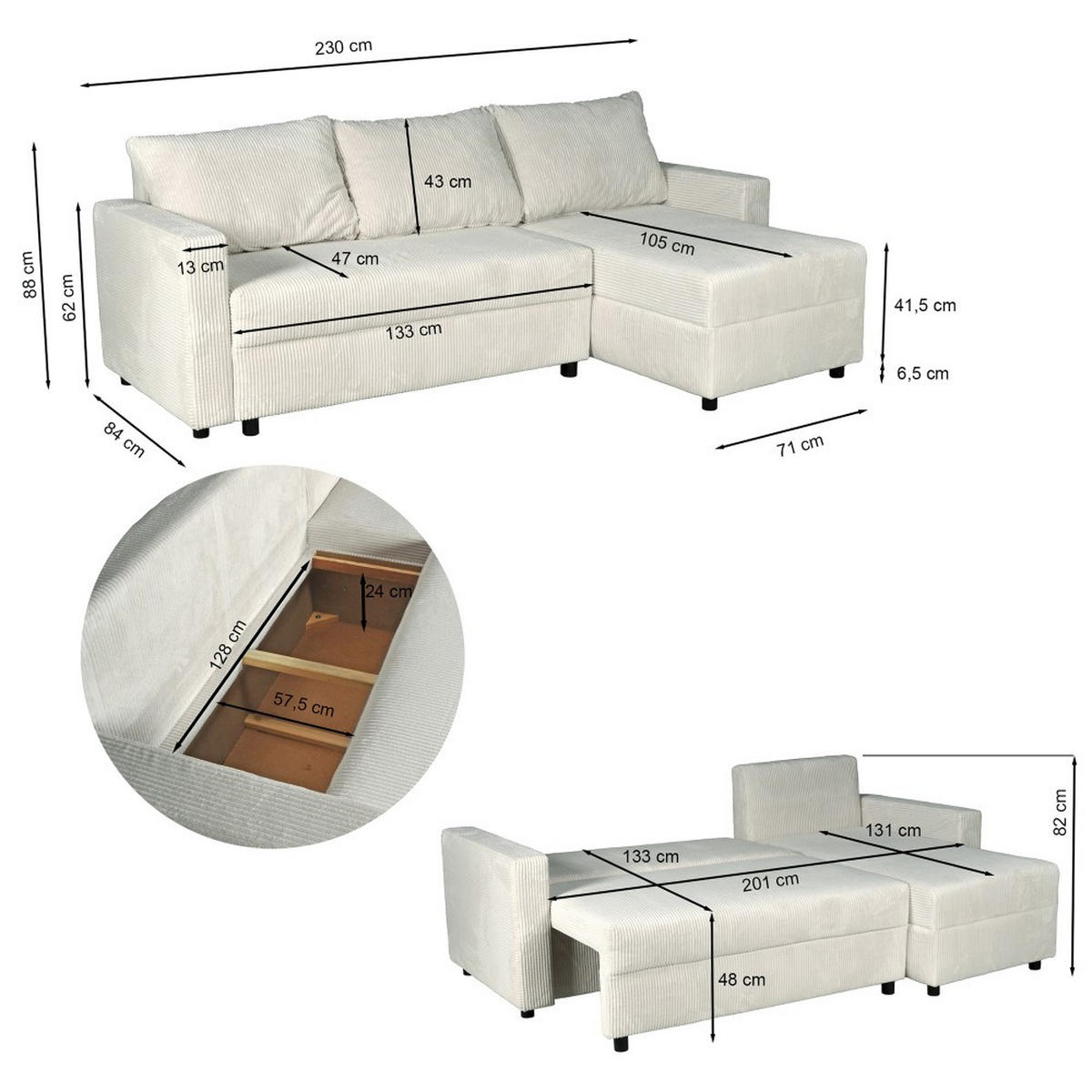 ECKSOFA THEO/ umwandelbar und wendbar, mit Truhe in Cord - Hellgrau - Hellgrau, Textil (145/230cm) - Weber Industries