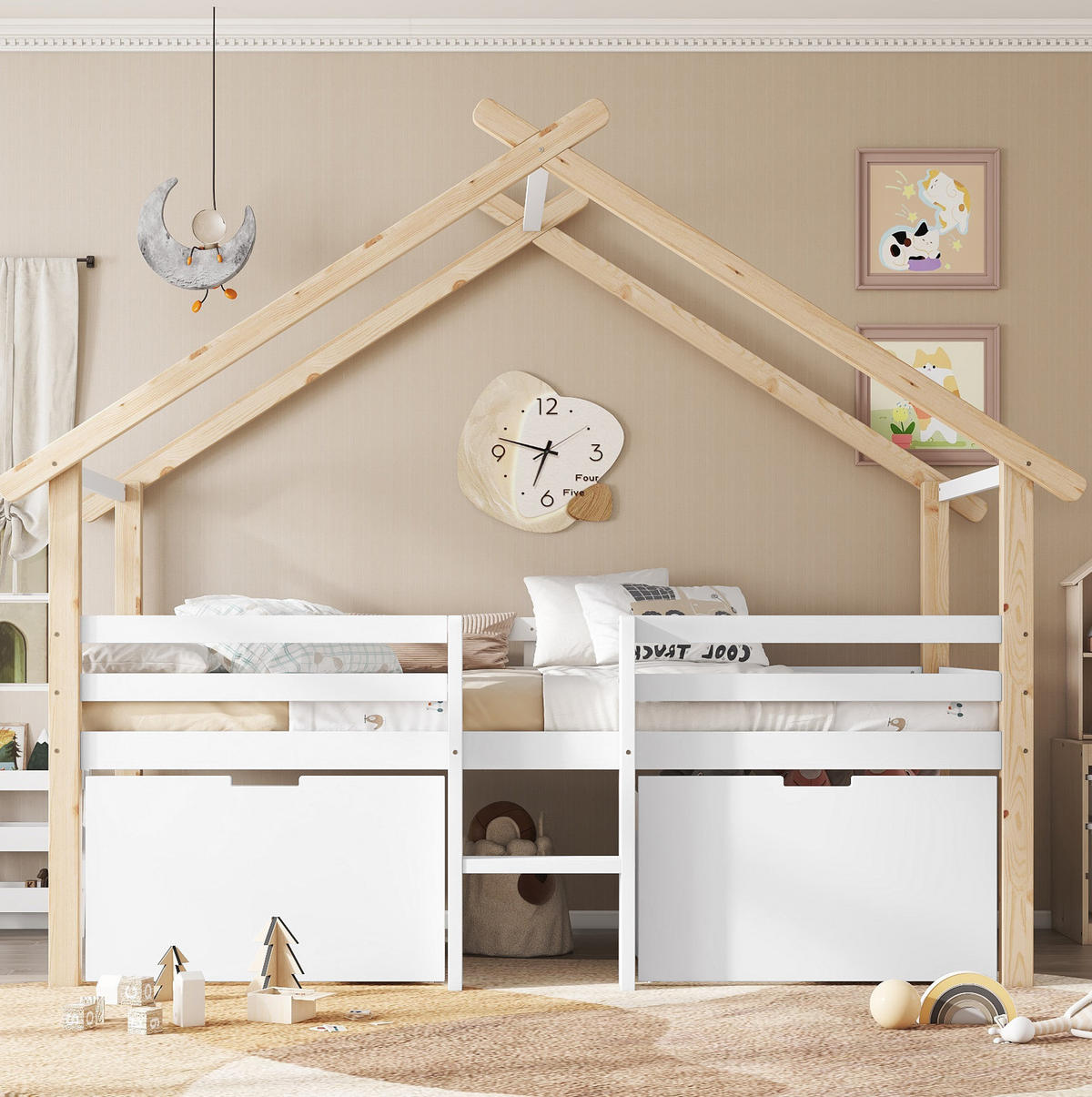 HAUSBETT 90/200 cm in Weiß/Natur – halbhoch mit Dach, Treppe und 2 Schließfächern - Weiß, Holzwerkstoff (90/200cm) - BEAOK